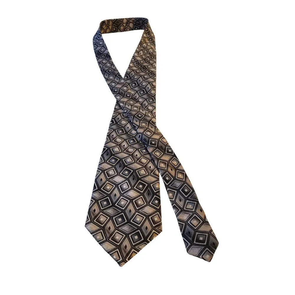 King‎ Size Mens 100% Silk Tie Tan Black Geometric Men Necktie Long 62 x 4